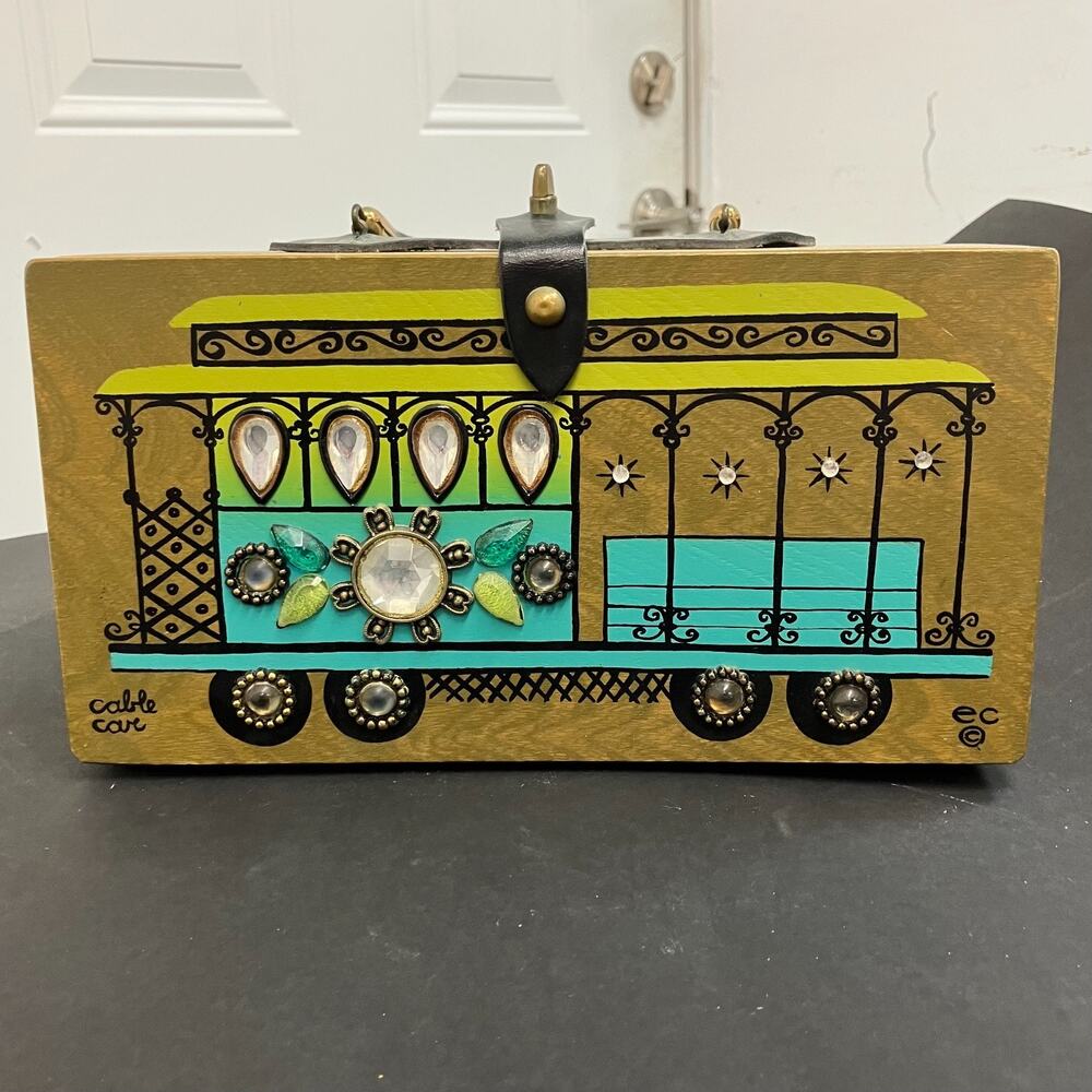 Rare Vtg Enid Collins of Texas "Cable Car" Wooden Box Bag Coquette AAA3758